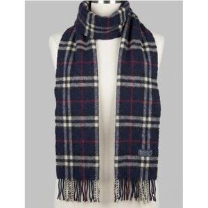 Vintage Burberrys Classic Plaid Scarf Navy Blue Gray Red Fringe Scarf NWT